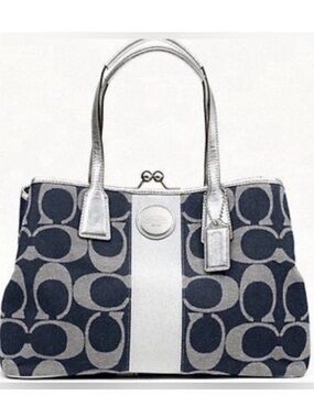 Coach Signature Jacquard Kisslock Tote Bag in Navy Denim and Silver Trim